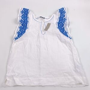 J. Crew Linen White Blouse with Blue ruffle Embroidery Size XS New NWT